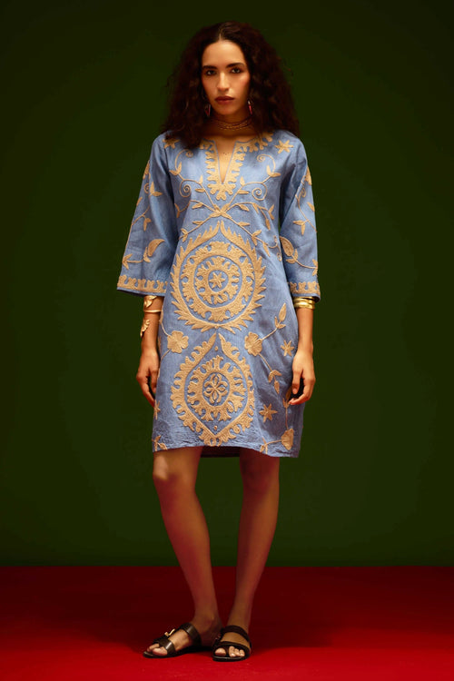 Denim Blue Dress with Natural Wave Thread Embroidery