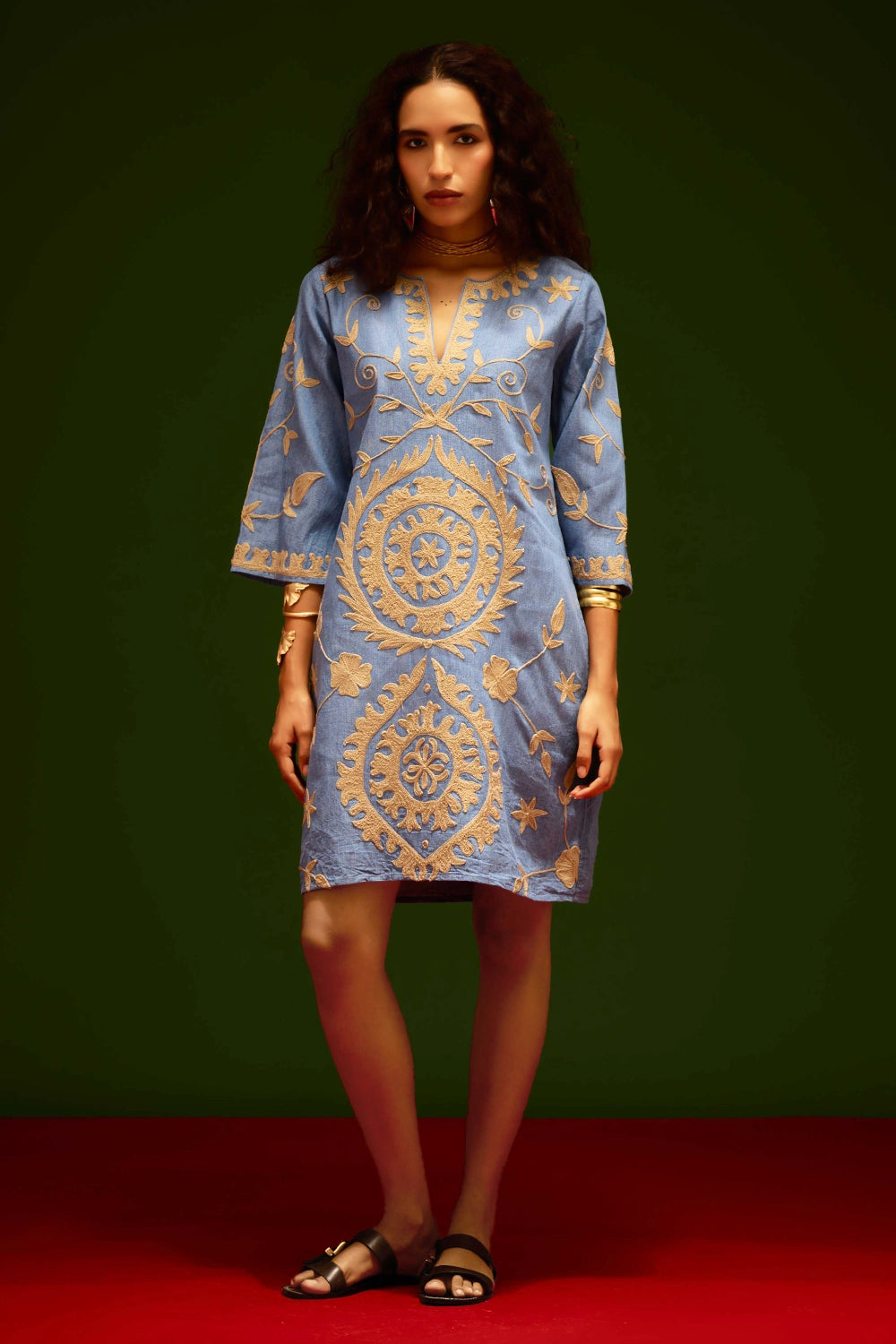 Denim Blue Dress with Natural Wave Thread Embroidery