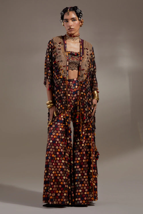 Jamuni Anka Blouse And Sharara Pants With Veni Dupatta Jacket Set