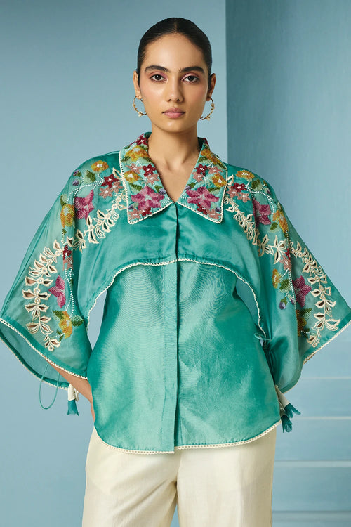 Aqua Floral Beadwork Layered Shirt