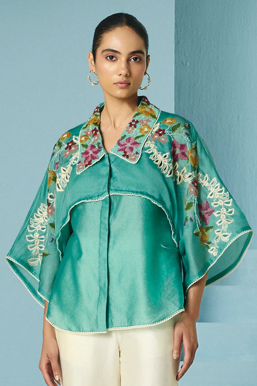 Aqua Floral Beadwork Layered Shirt