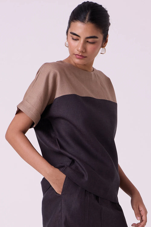 Jiku Charcoal Colourblocked Linen Top