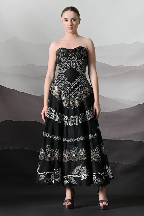 Black Strapless Dress With Panelled Embroidery