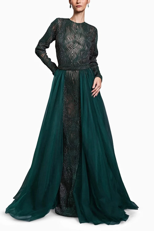 CF Emerald Drip Work Gown With Trail