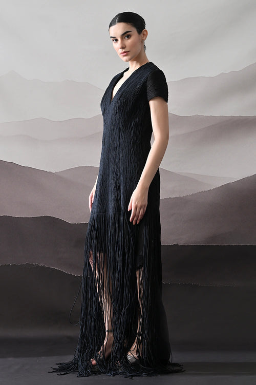 Black V-Neck Gown With Linear Texture And Fringe