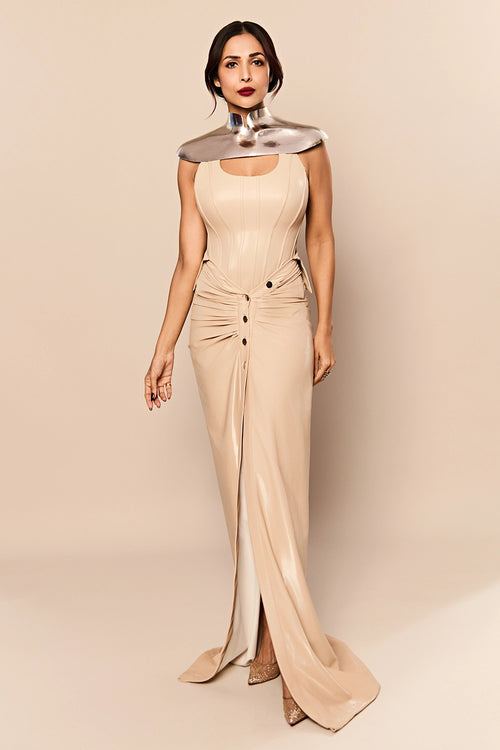 Nude Vinyl Corset With Nude Vinyl Collared Ruched Low Waisted Skirt