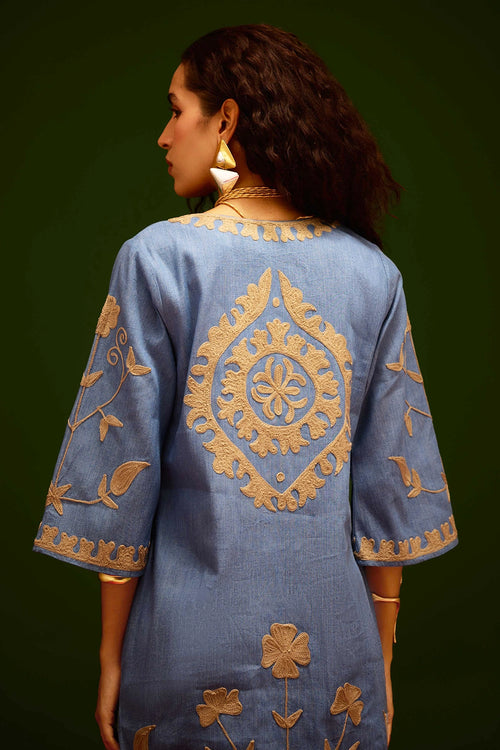Denim Blue Shift Dress with Tulip Thread Embroidery