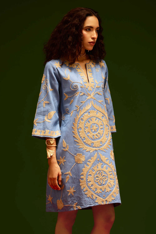 Denim Blue Dress with Natural Wave Thread Embroidery