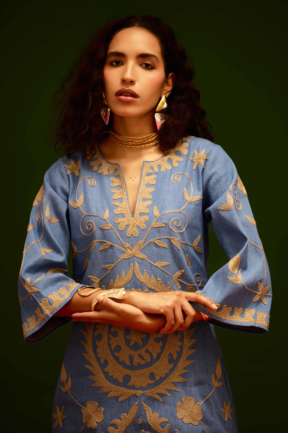 Denim Blue Dress with Natural Wave Thread Embroidery