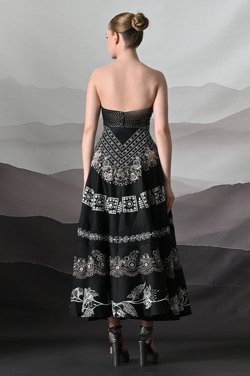 Black Strapless Dress With Panelled Embroidery