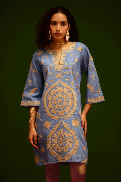 Denim Blue Dress with Natural Wave Thread Embroidery
