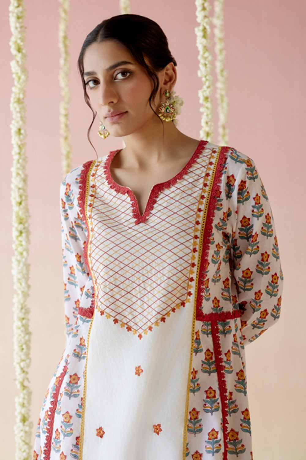 Poppy Red Yoke Anarkali Kurta with Wide Leg Pants