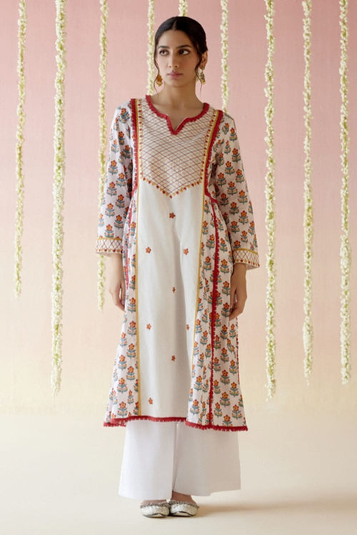 Poppy Red Yoke Anarkali Kurta with Wide Leg Pants