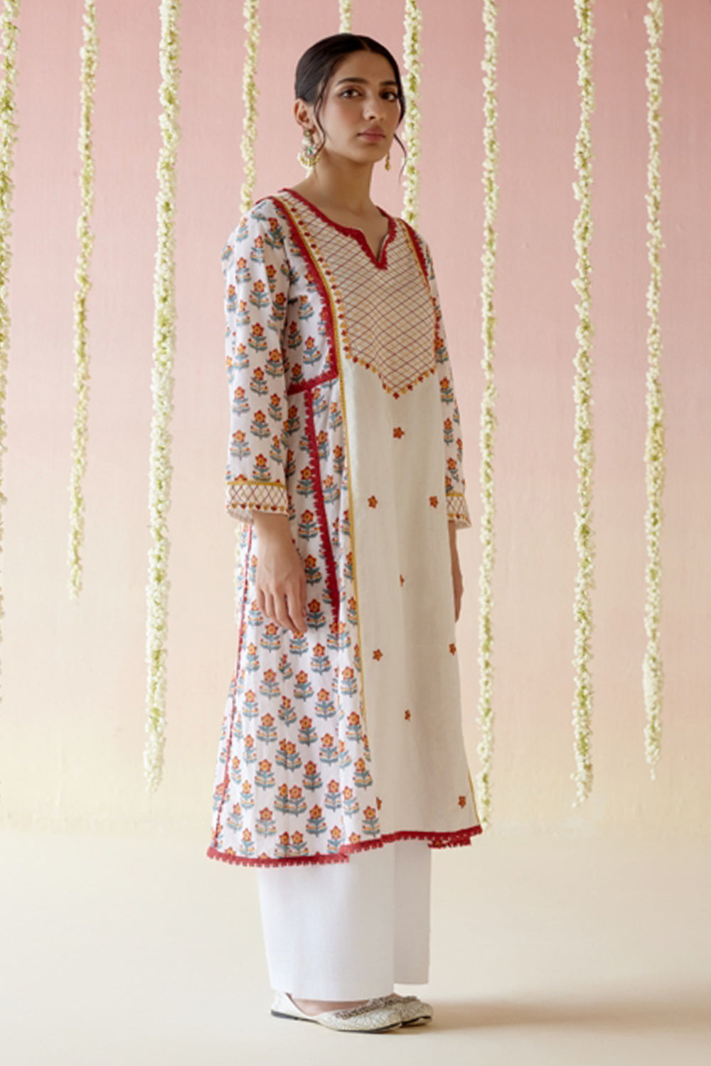 Poppy Red Yoke Anarkali Kurta with Wide Leg Pants