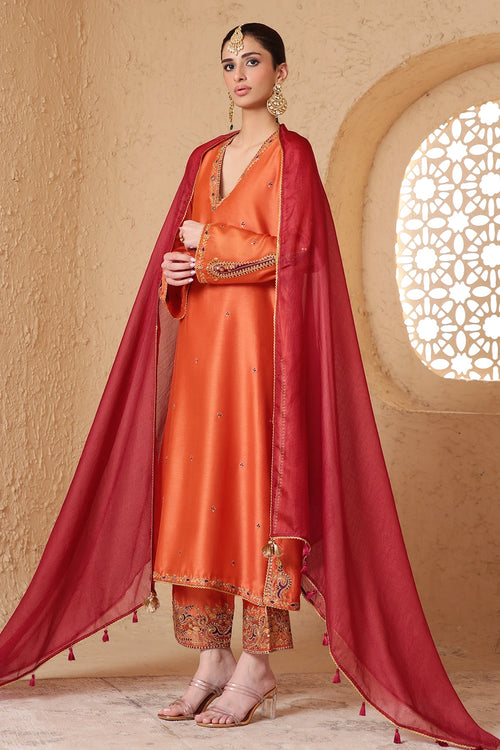 Mehrang Orange Applique Kurta Set