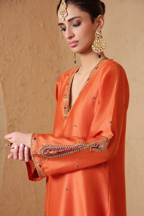 Mehrang Orange Applique Kurta Set