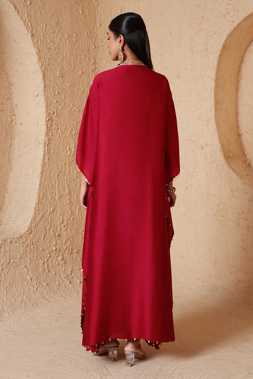 Zar Rang Maroon V Neck Kaftan Set