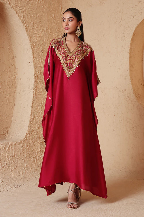Zar Rang Maroon V Neck Kaftan Set