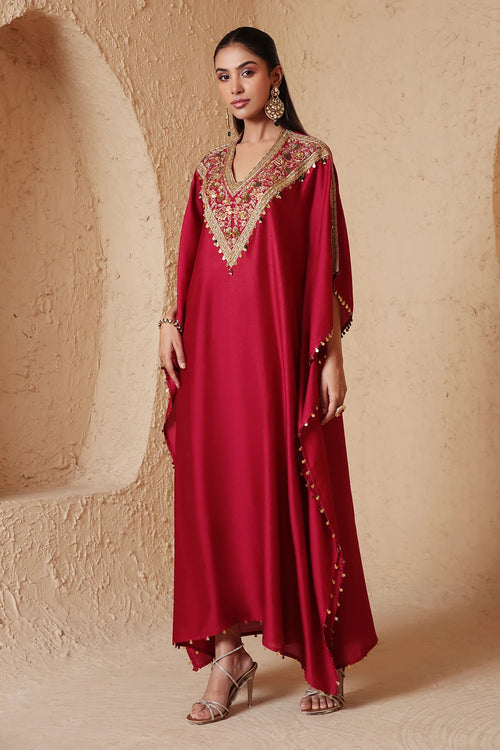 Zar Rang Maroon V Neck Kaftan Set