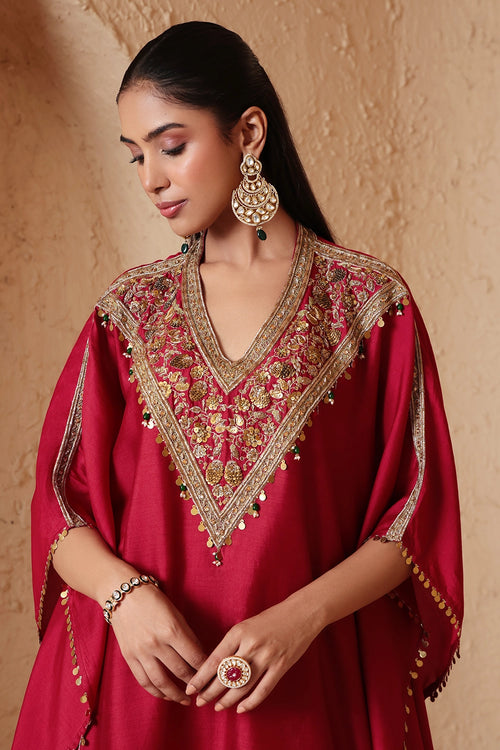 Zar Rang Maroon V Neck Kaftan Set