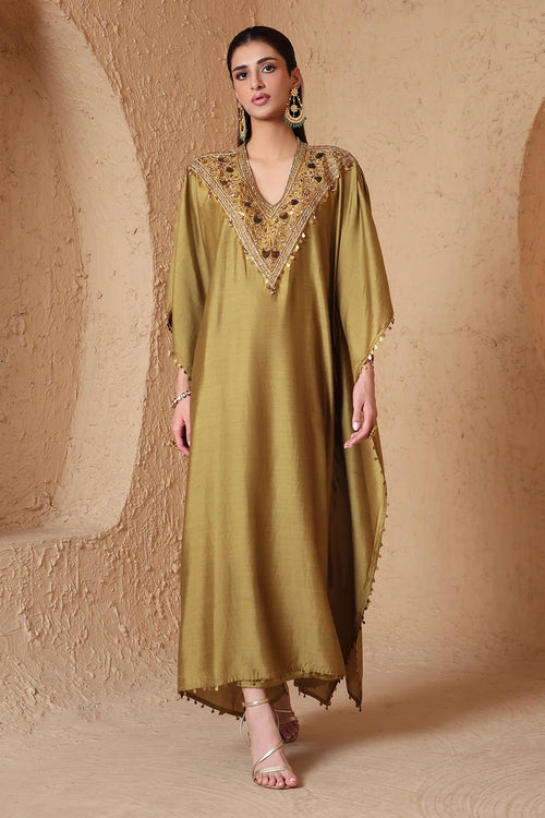 Zar Rang Olive Green V Neck Kaftan Set