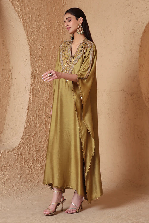 Zar Rang Olive Green V Neck Kaftan Set