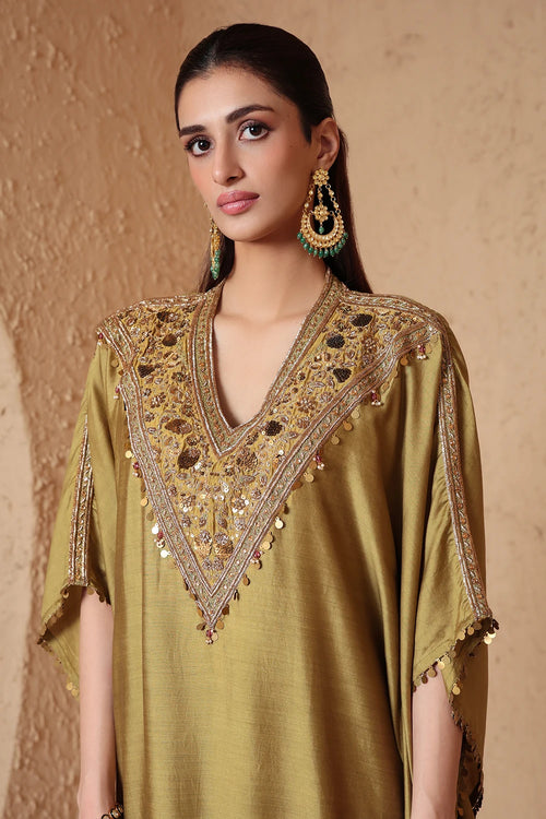 Zar Rang Olive Green V Neck Kaftan Set