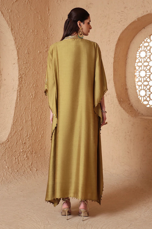 Zar Rang Olive Green V Neck Kaftan Set
