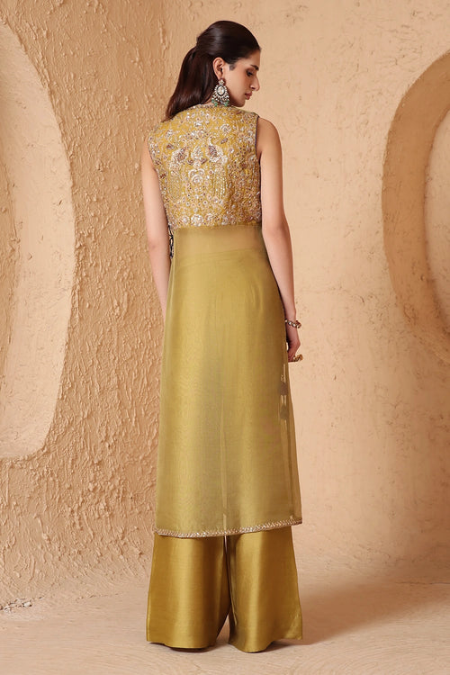 Mehrang Olive Green Tie-up Sleeveless Kurta Set