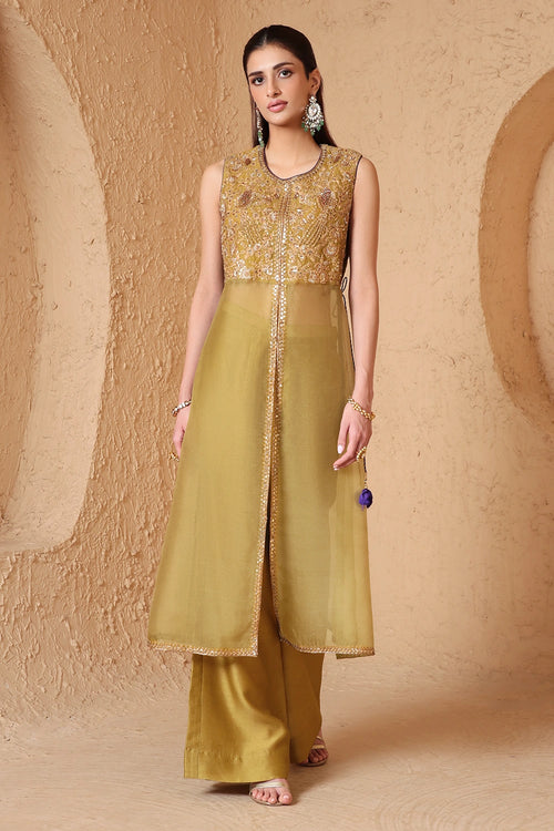 Mehrang Olive Green Tie-up Sleeveless Kurta Set