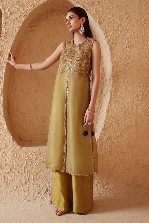 Mehrang Olive Green Tie-up Sleeveless Kurta Set