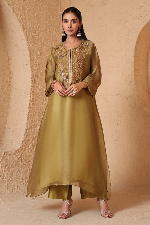 Mehrang Olive Green Kaftan Kurta Set