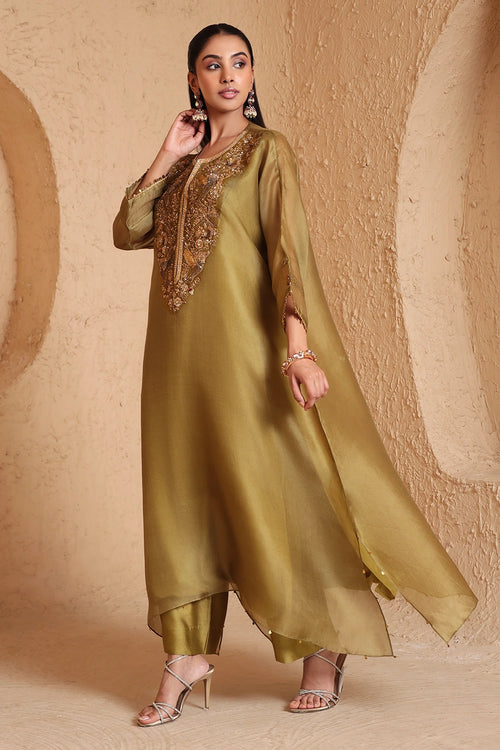 Mehrang Olive Green Kaftan Kurta Set