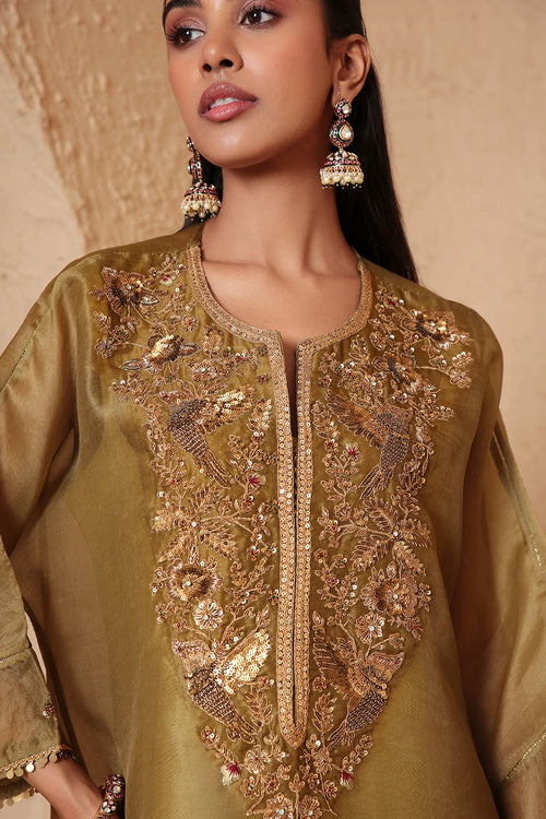 Mehrang Olive Green Kaftan Kurta Set