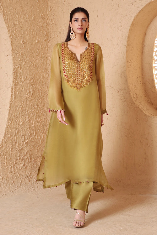 Mehrang Olive Green Heavy Neck Kurta Set With Dupatta