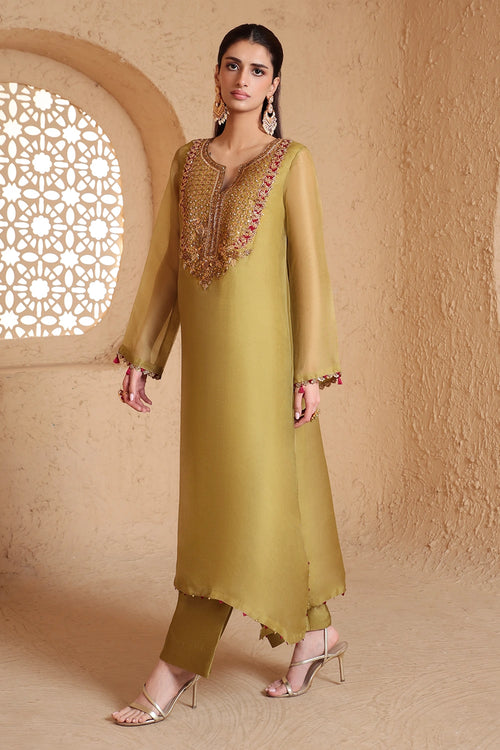 Mehrang Olive Green Heavy Neck Kurta Set With Dupatta