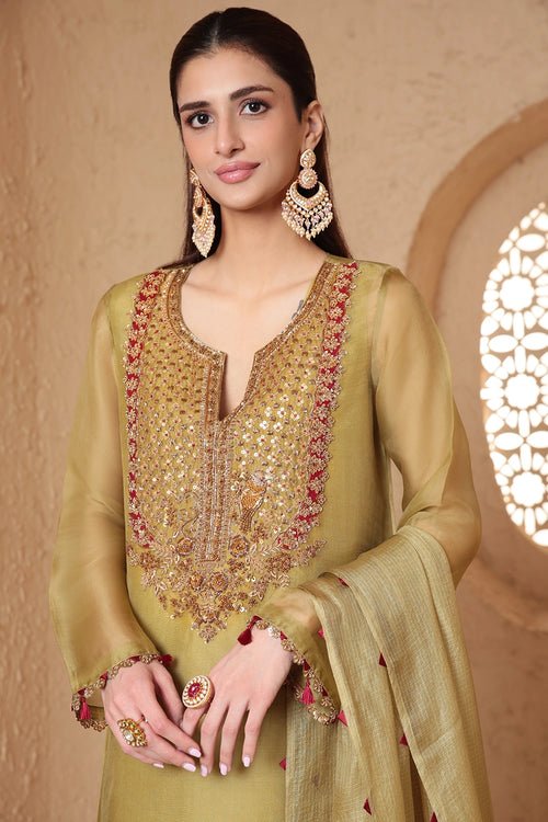Mehrang Olive Green Heavy Neck Kurta Set With Dupatta