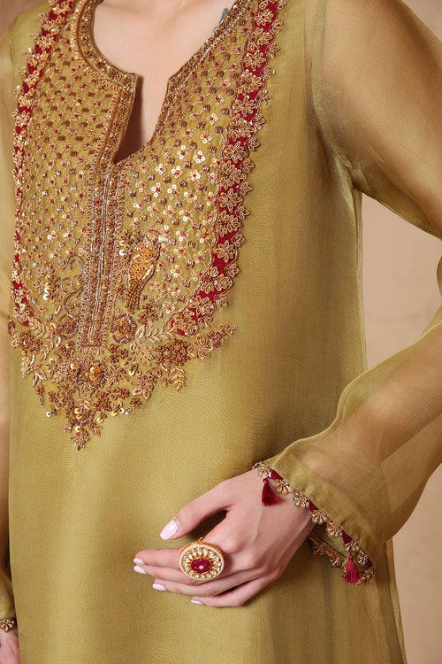 Mehrang Olive Green Heavy Neck Kurta Set