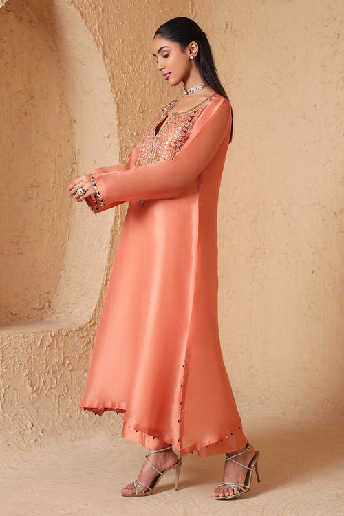Mehrang Peach Heavy Neck Kurta Set