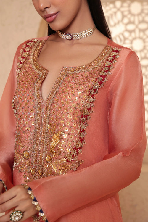 Mehrang Peach Heavy Neck Kurta Set With Dupatta