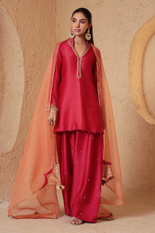Mehrang Red Short Buti Kurta Set