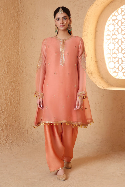 Mehrang Peach Short Pheran Kurta Set