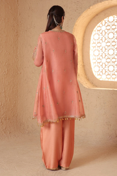 Mehrang Peach Short Pheran Kurta Set With Dupatta