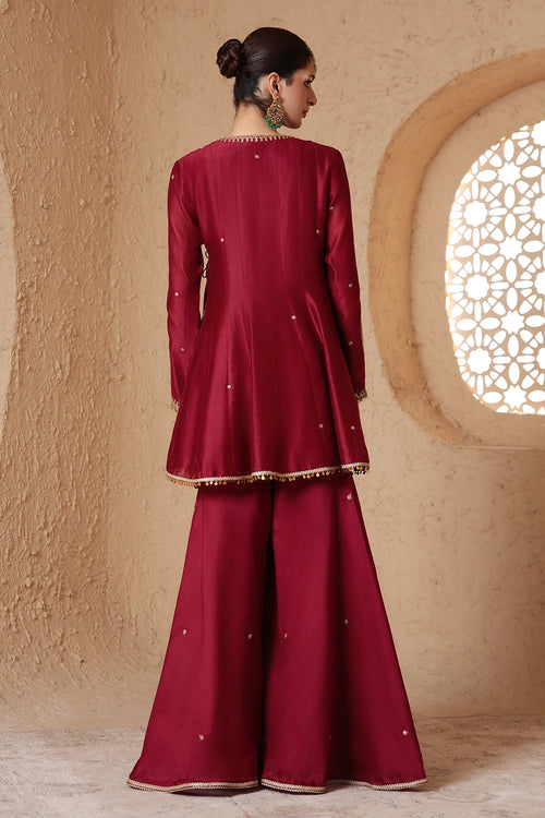 Mehrang Maroon Angrakha Sharara Set