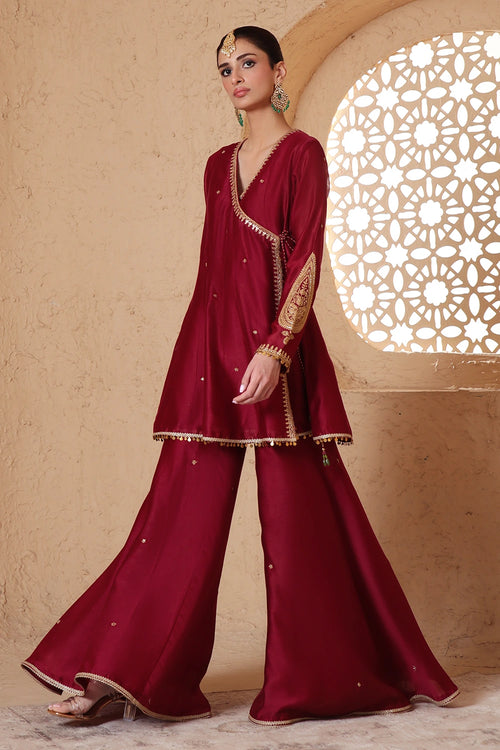 Mehrang Maroon Angrakha Sharara Set