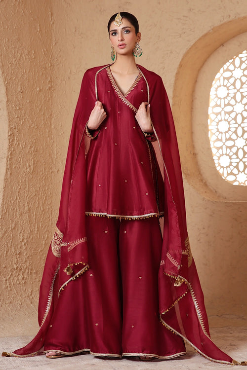 Mehrang Maroon Angrakha Sharara Set