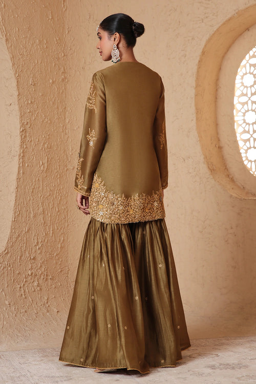 Mehrang Olive Green Heavy Sharara Set