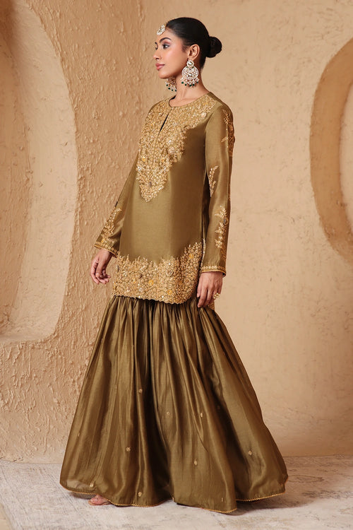Mehrang Olive Green Heavy Sharara Set
