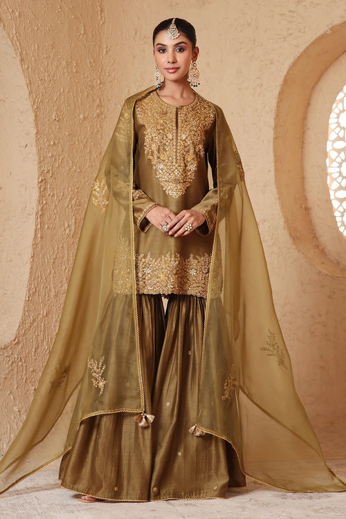 Mehrang Olive Green Heavy Sharara Set