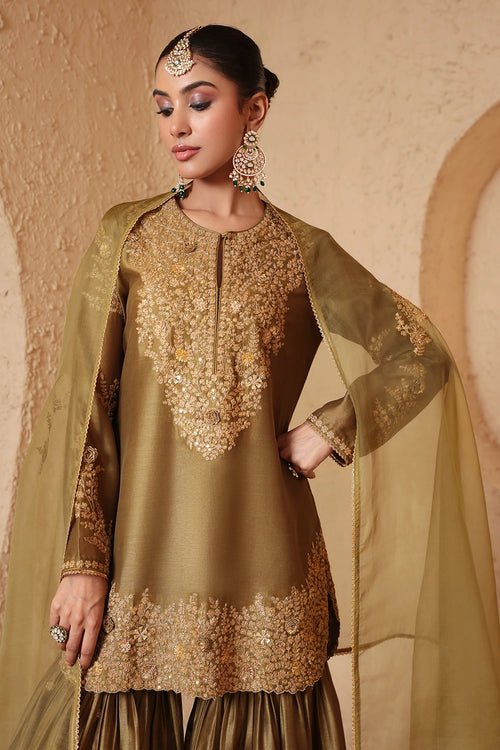 Mehrang Olive Green Heavy Sharara Set